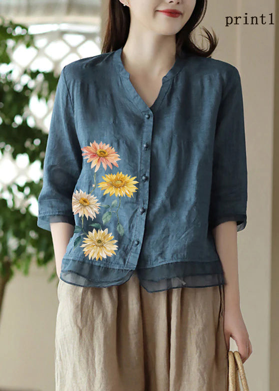 Yellow V Neck Embroidered Ramie Shirt Half Sleeve