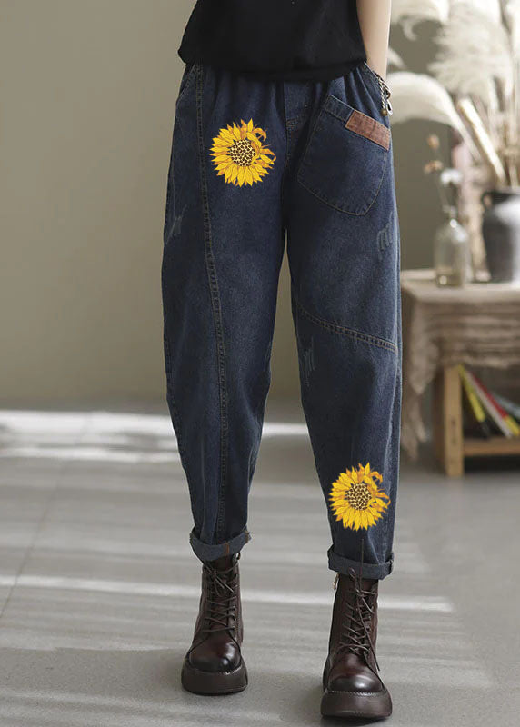 Natural Blue-yellow Love Elastic Waist Pockets Denim Pants Spring