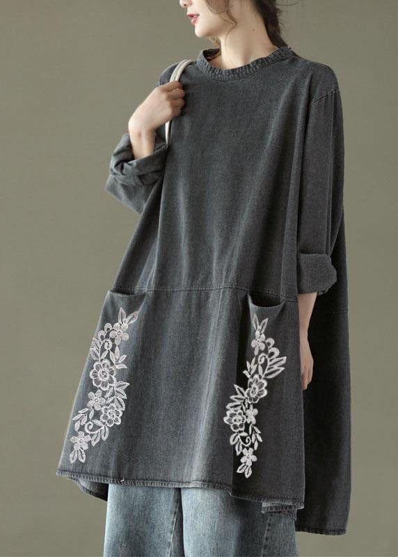 Black Grey O-neck Pockets Denim Long Dresses Long Sleeve