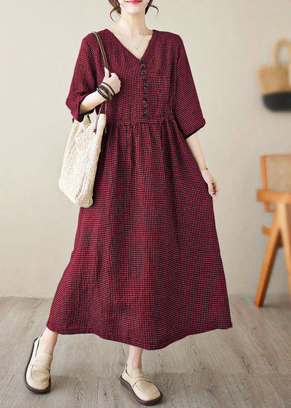 Green V Neck Plaid Patchwork Button Linen Maxi Dresses Summer