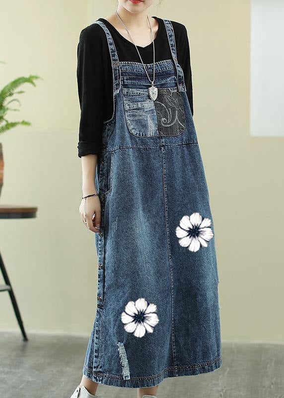 Vivid Denim Blue-letter Tunic Dress Slash Neck Hole Maxi Dress