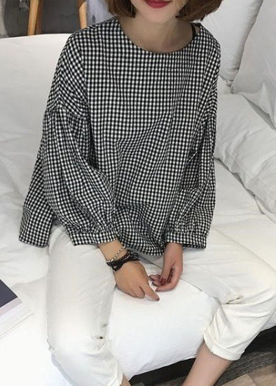 French Purple Plaid Cotton Fine Sewing Asymmetric Clothing Blouse