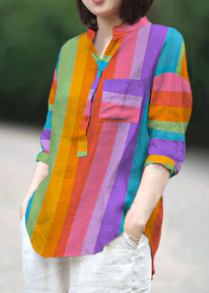 Pink Stand Collar Pockets Linen Blouses Top Half Sleeve