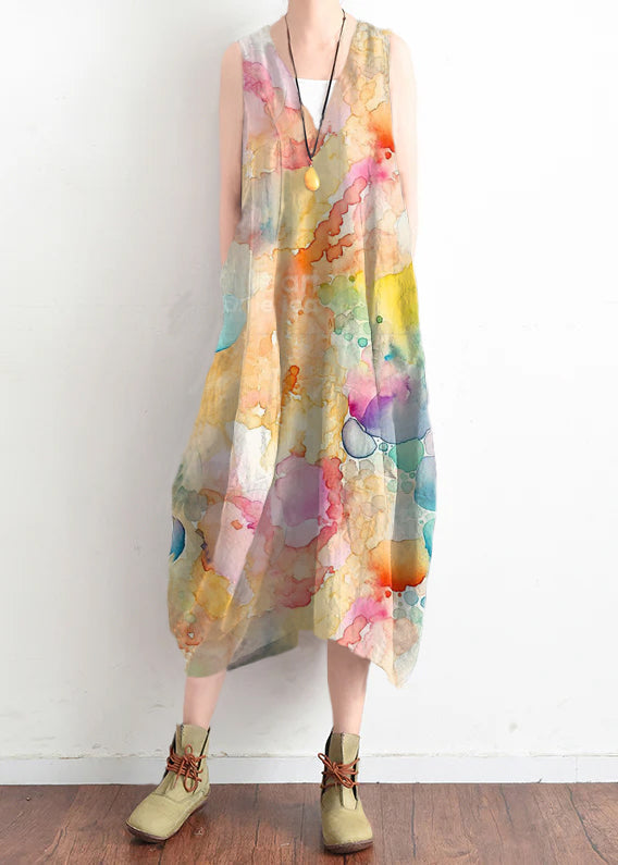 French Black V Neck Linen Clothes for Stylish Design Sleevless Loose Summer Dress