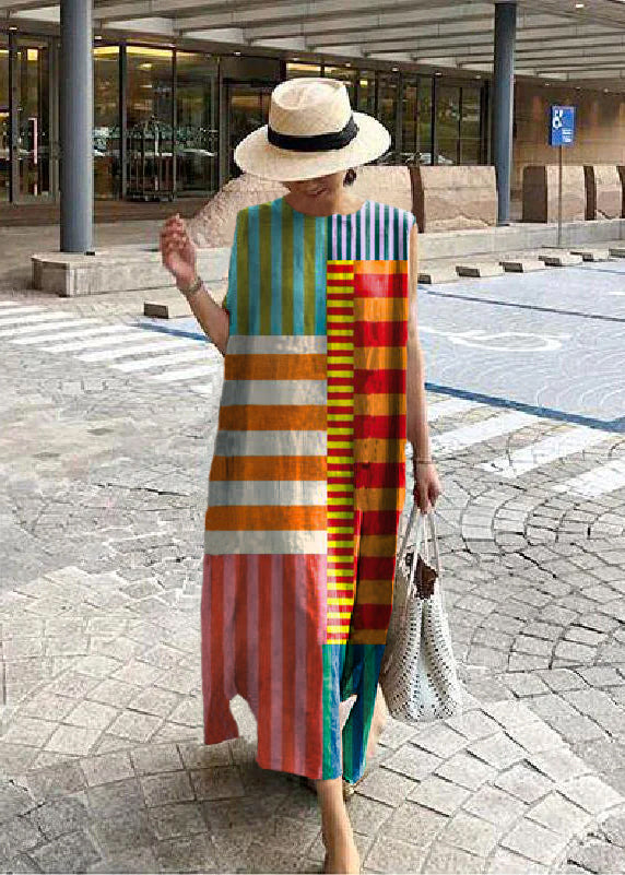 O Neck Side Open Linen Cotton Clothes Fabrics Color Geometry Dress