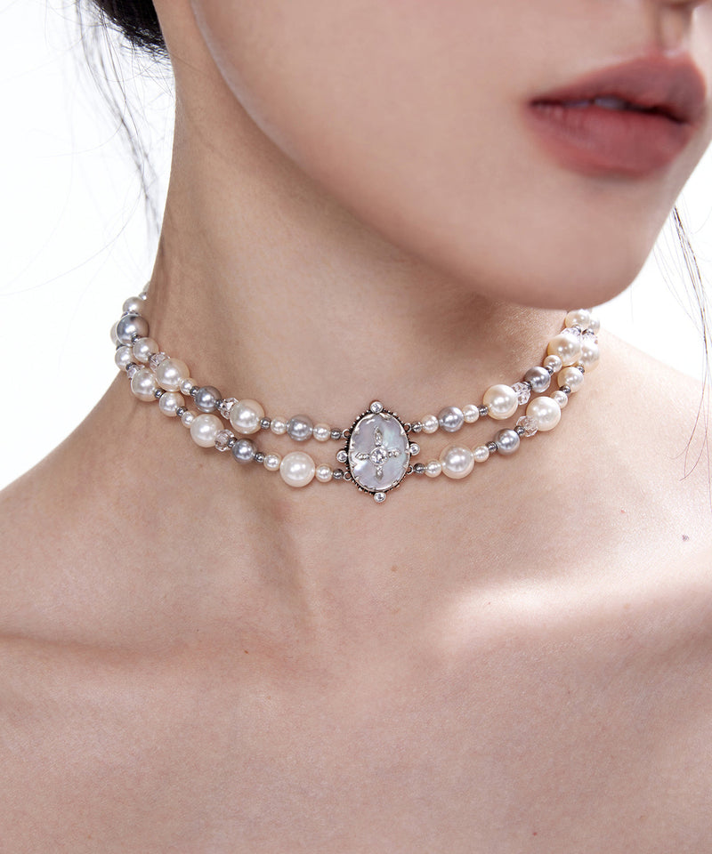 Pearls Double Cross Double Layered Alloy Choker