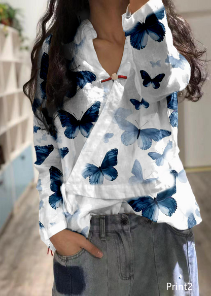Bohemian Print3 linen Blouse v neck fall top