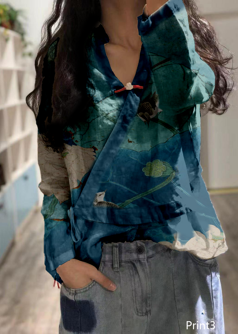 Print2 Linen Blouse V Neck Fall Top