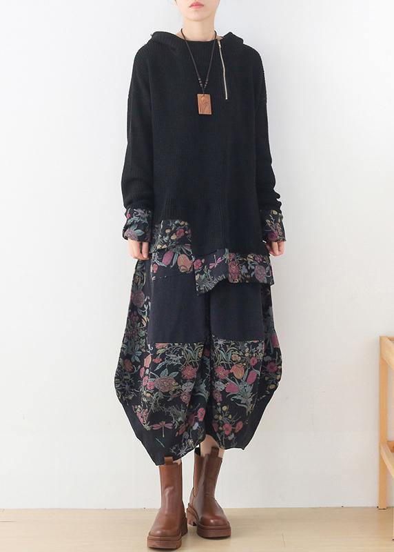 20 New Zipper Asymmetric Black Print Hoodie and Patchwork Wide Leg Pants
