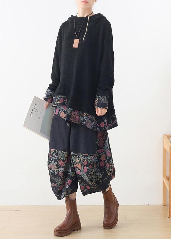 20 New Zipper Asymmetric Black Print Hoodie and Patchwork Wide Leg Pants