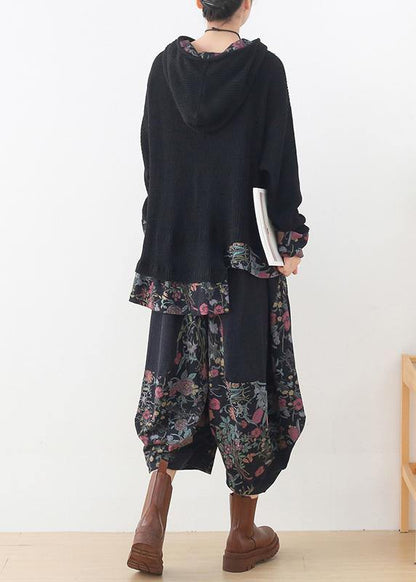 20 New Zipper Asymmetric Black Print Hoodie and Patchwork Wide Leg Pants