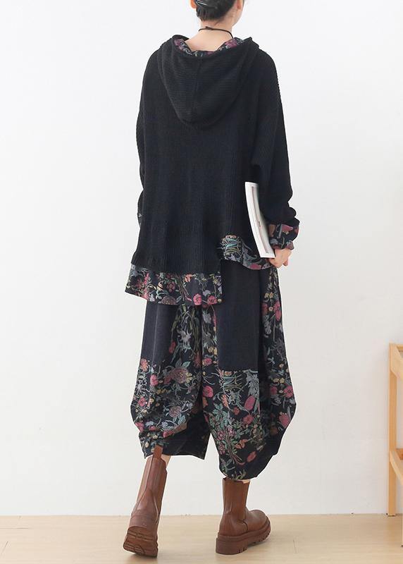 20 New Zipper Asymmetric Black Print Hoodie and Patchwork Wide Leg Pants