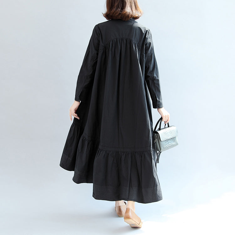 Autumn Black Butterfly Hem Cotton Dresses Oversize Maxi Dress