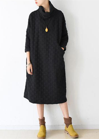 Autumn Black Cotton Dresses Long Sleeve Warm Winter Dress High Neck Caftans