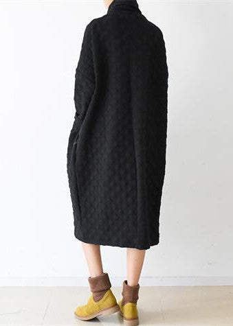 Autumn Black Cotton Dresses Long Sleeve Warm Winter Dress High Neck Caftans