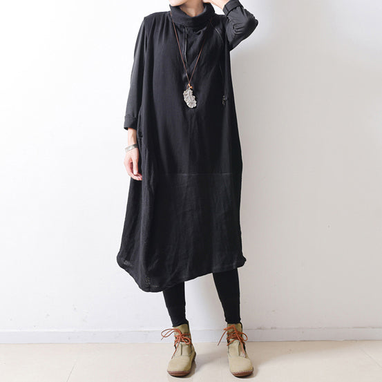 Autumn Black Shoulder Zipper Linen Dresses Cotton Patchwork Caftans Gowns