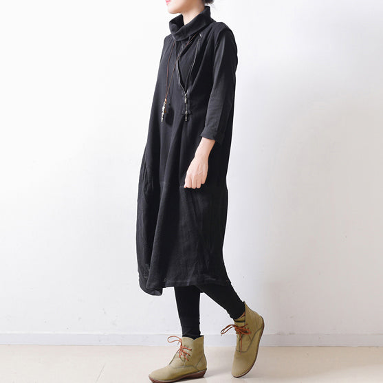 Autumn Black Shoulder Zipper Linen Dresses Cotton Patchwork Caftans Gowns