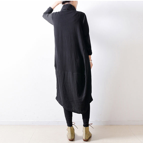 Autumn Black Shoulder Zipper Linen Dresses Cotton Patchwork Caftans Gowns