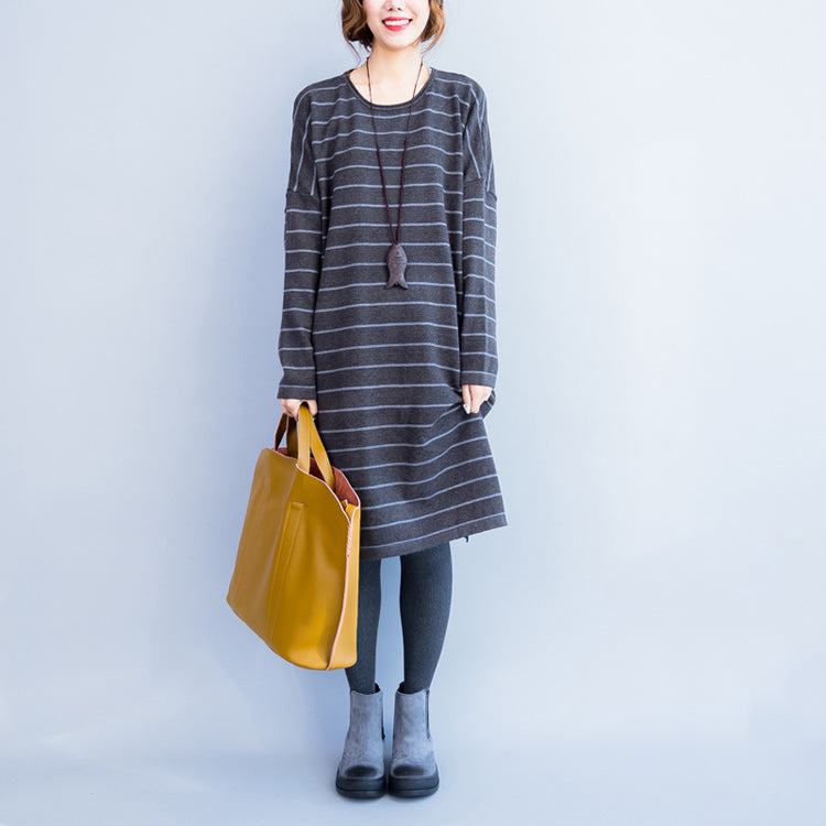 Autumn Gray Knit Dresses Striped Sweater Dress