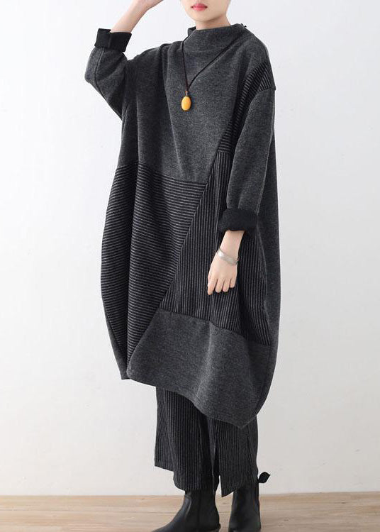 Autumn Gray Striped Sweater Tops and Wide Leg Knit Pants Two Pieces