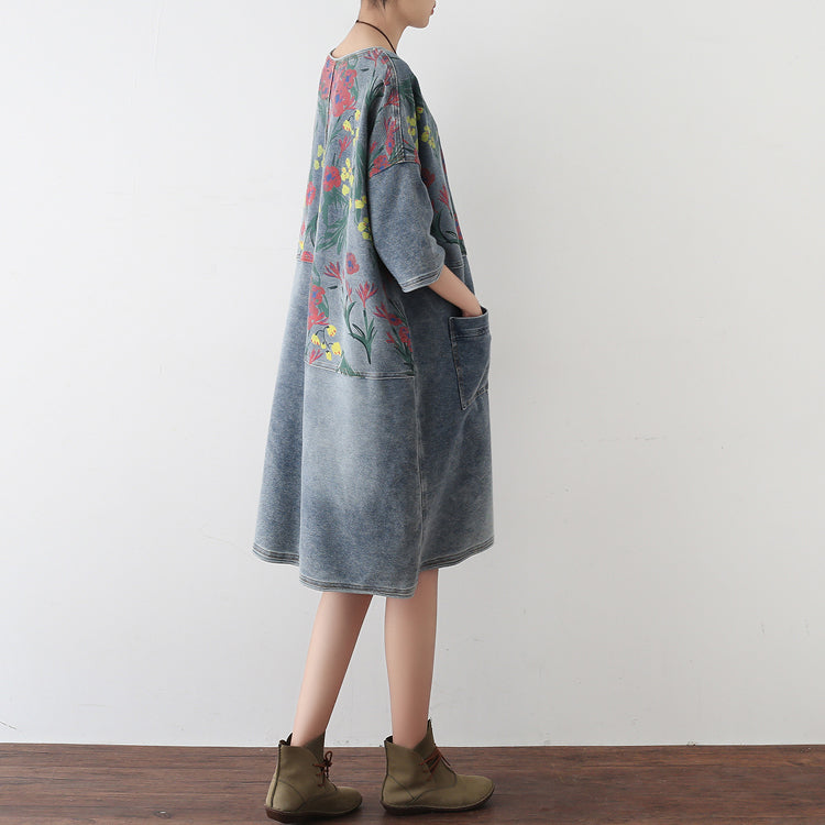 Autumn Oversize Denim Dresses Blooming Flowers Denim Shirts