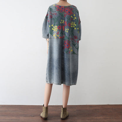 Autumn Oversize Denim Dresses Blooming Flowers Denim Shirts