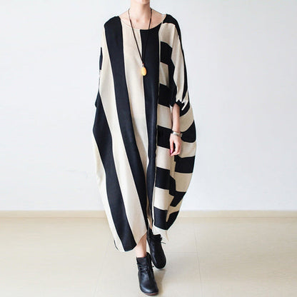Autumn Trend Stripe Baggy Dresses Silk Caftans Oversized Cotton Gown