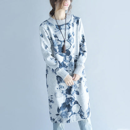 Autumn Winter Gray Print Woolen Knit Dresses Fit Sweater Dress Side Open