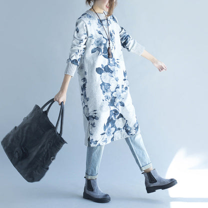 Autumn Winter Gray Print Woolen Knit Dresses Fit Sweater Dress Side Open