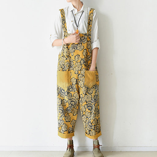 Autumn Yellow Print Jumpsuits Cotton Pants Oversize Fall Outfits
