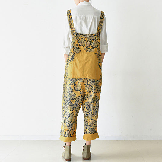 Autumn Yellow Print Jumpsuits Cotton Pants Oversize Fall Outfits