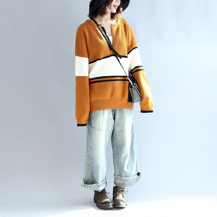 Autumn Yellow White Patchwork Cotton Knitted Tops Neck Front Open Sweater