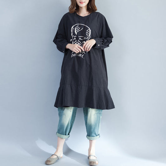 Baggy Loose Black Prints Cotton Dresses Long Fit a Line Dress