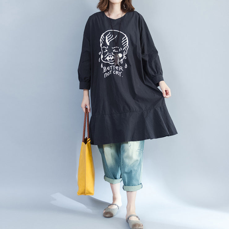 Baggy Loose Black Prints Cotton Dresses Long Fit a Line Dress