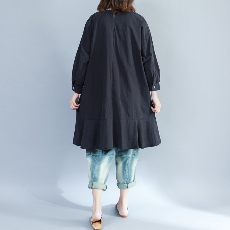 Baggy Loose Black Prints Cotton Dresses Long Fit a Line Dress