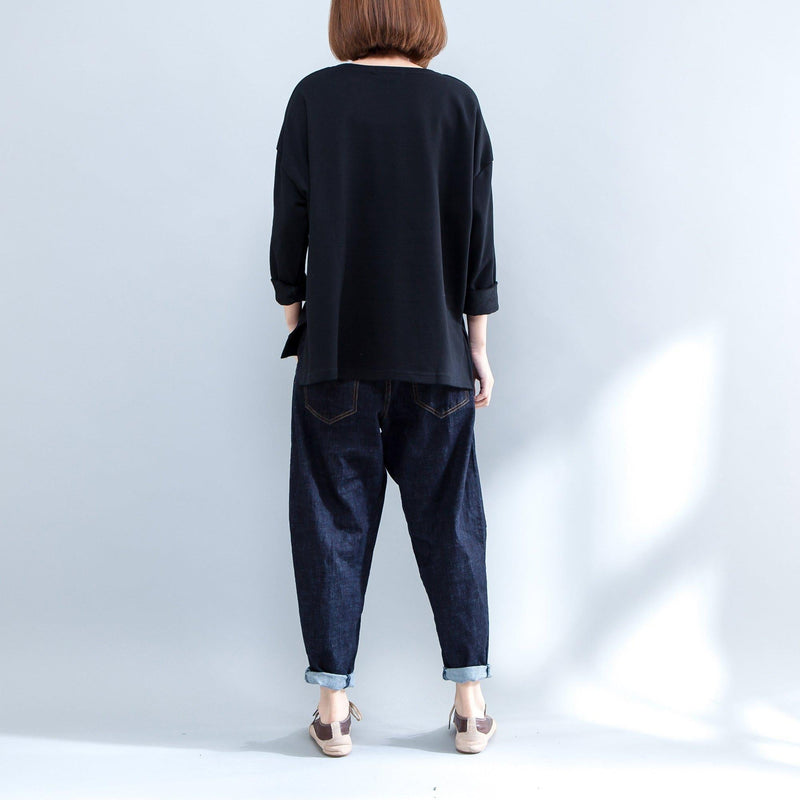 Black Cartoon Print Cotton Tops Oversize O Neck T Shirt Side Open
