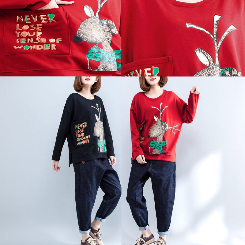 Black Cartoon Print Cotton Tops Oversize O Neck T Shirt Side Open
