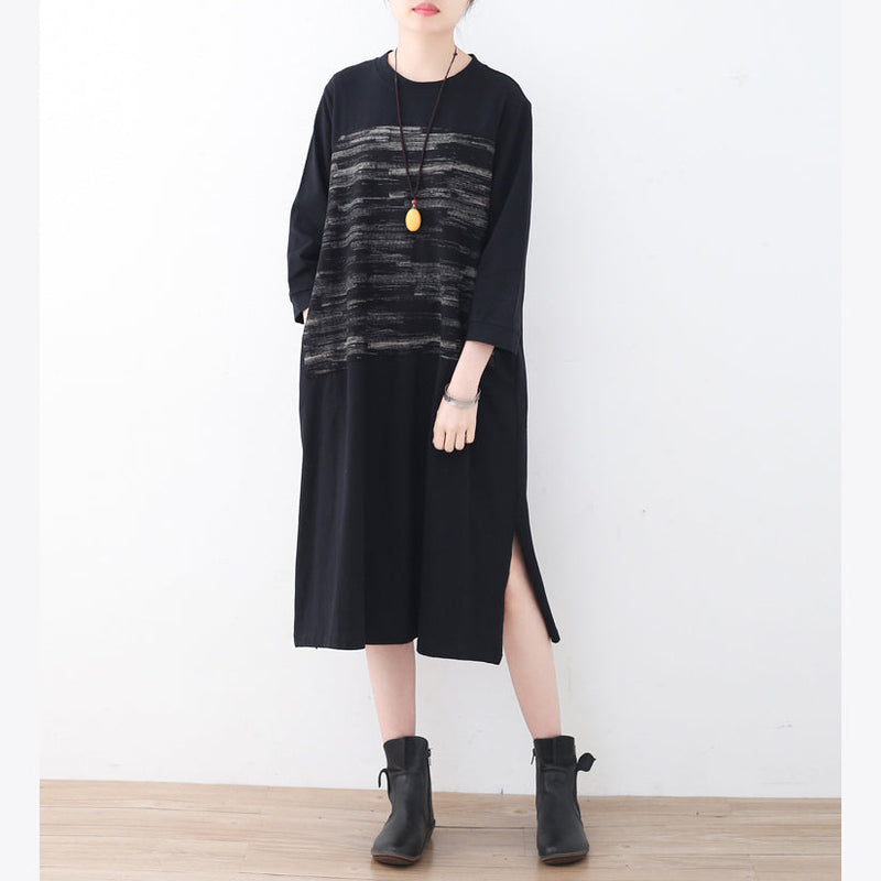 Black Cotton Knee Dress Oversized Traveling Dress Boutique Side Open Striped Cotton Dresses