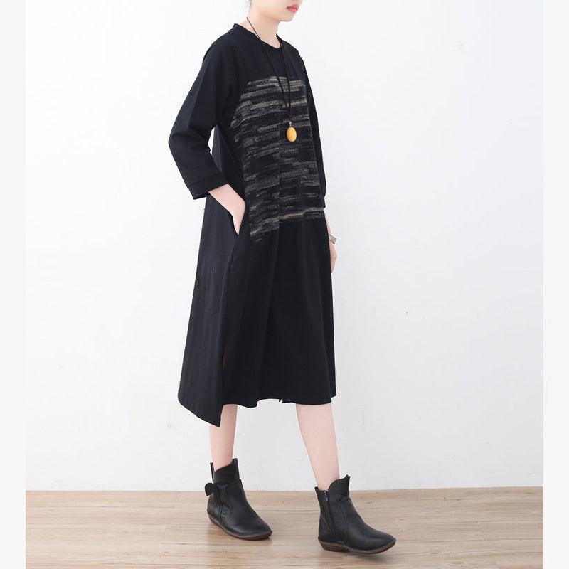 Black Cotton Knee Dress Oversized Traveling Dress Boutique Side Open Striped Cotton Dresses