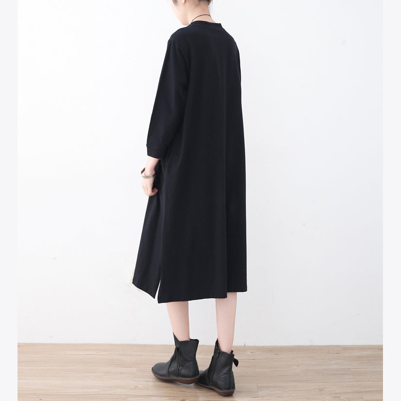 Black Cotton Knee Dress Oversized Traveling Dress Boutique Side Open Striped Cotton Dresses