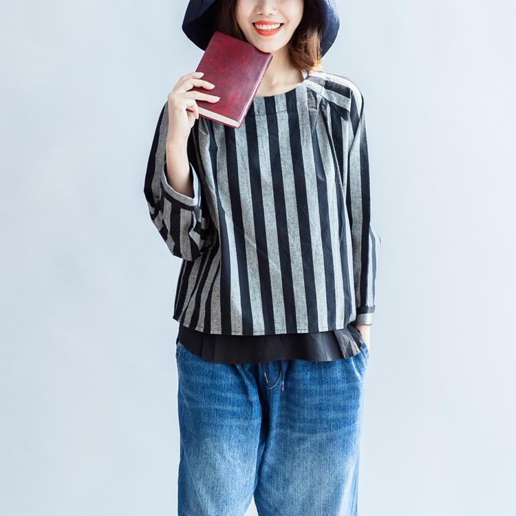 Black Gray Striped Linen Tops Linen Long Sleeve T Shirts