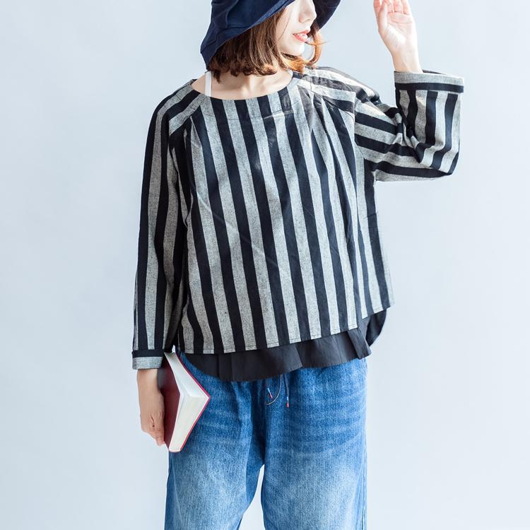 Black Gray Striped Linen Tops Linen Long Sleeve T Shirts