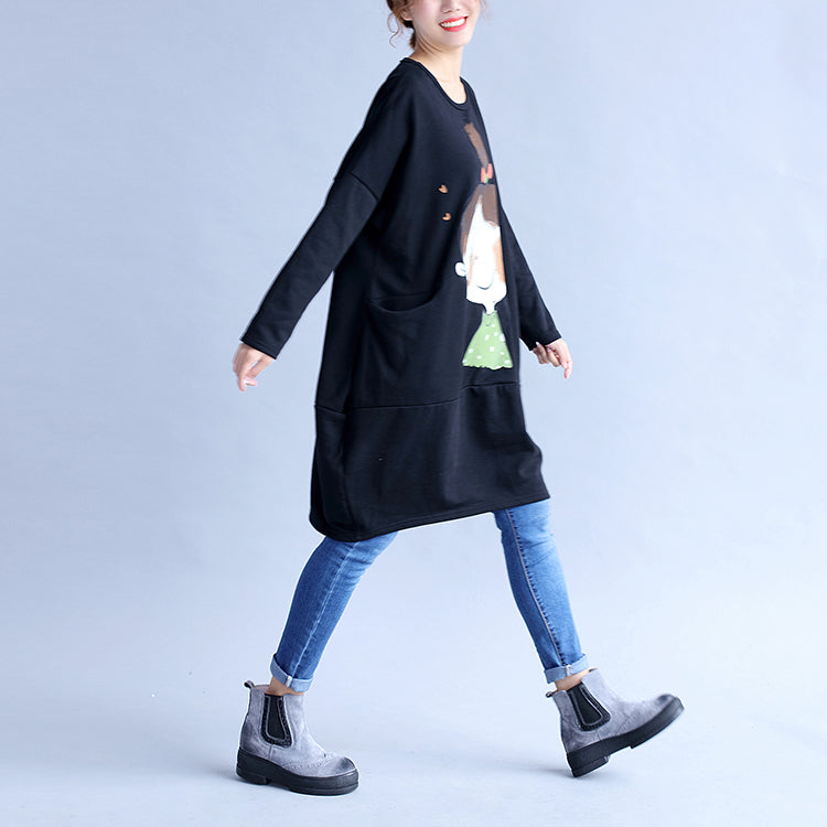 Black Prints Cotton Dresses Oversize Big Pockets Traveling Dress