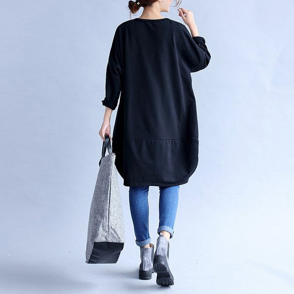 Black Prints Cotton Dresses Oversize Big Pockets Traveling Dress