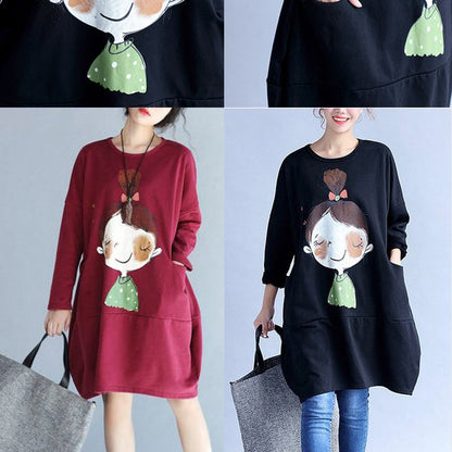 Black Prints Cotton Dresses Oversize Big Pockets Traveling Dress