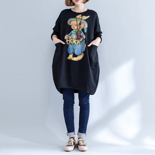 Black Warm Animal Print Cotton Dress Long Sleeve Pullover Dress