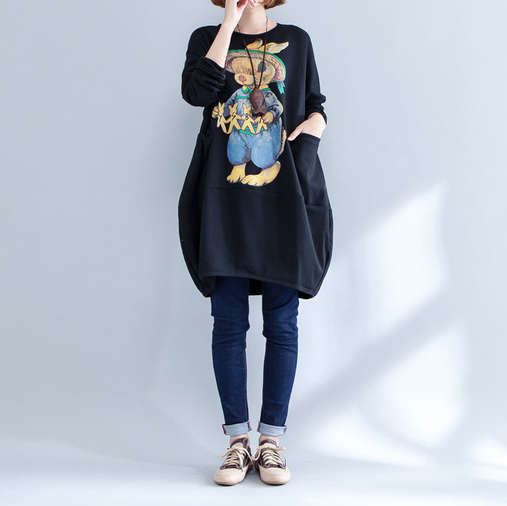Black Warm Animal Print Cotton Dress Long Sleeve Pullover Dress