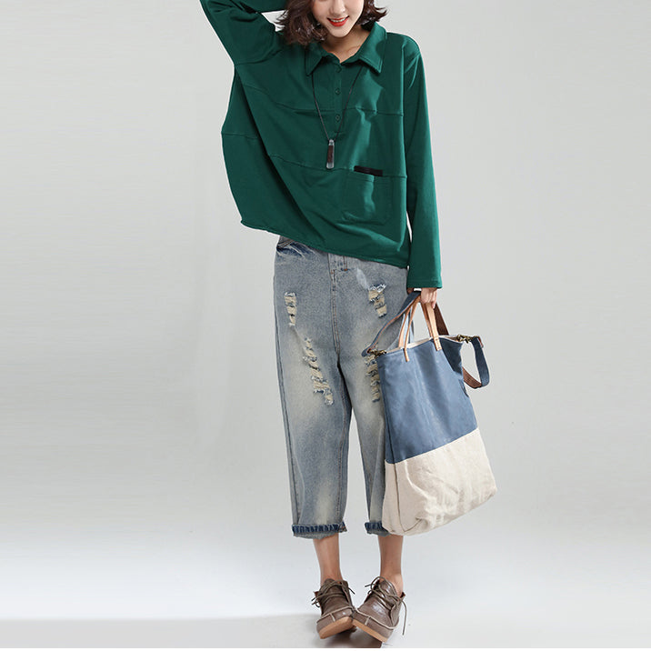 Blackish Green Cotton Tops Baggy Loose Patchwork Shirt Tops