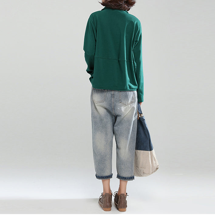 Blackish Green Cotton Tops Baggy Loose Patchwork Shirt Tops