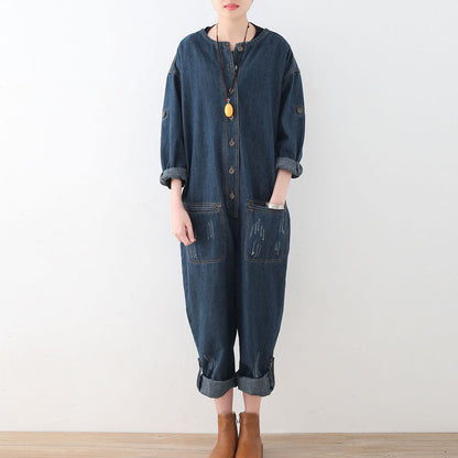 Blue Cotton High Waist Jumpsuit Pants